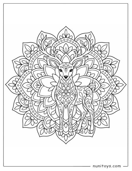 Deer Standing Inside Floral Mandala Coloring Sheet
