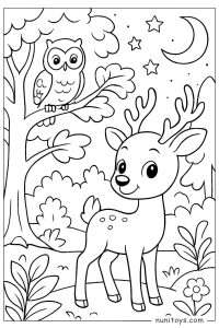 Deer Under Moonlight with Owl in Forest Coloring Page