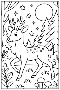 Moonlit Forest Deer with Stars Coloring Sheet