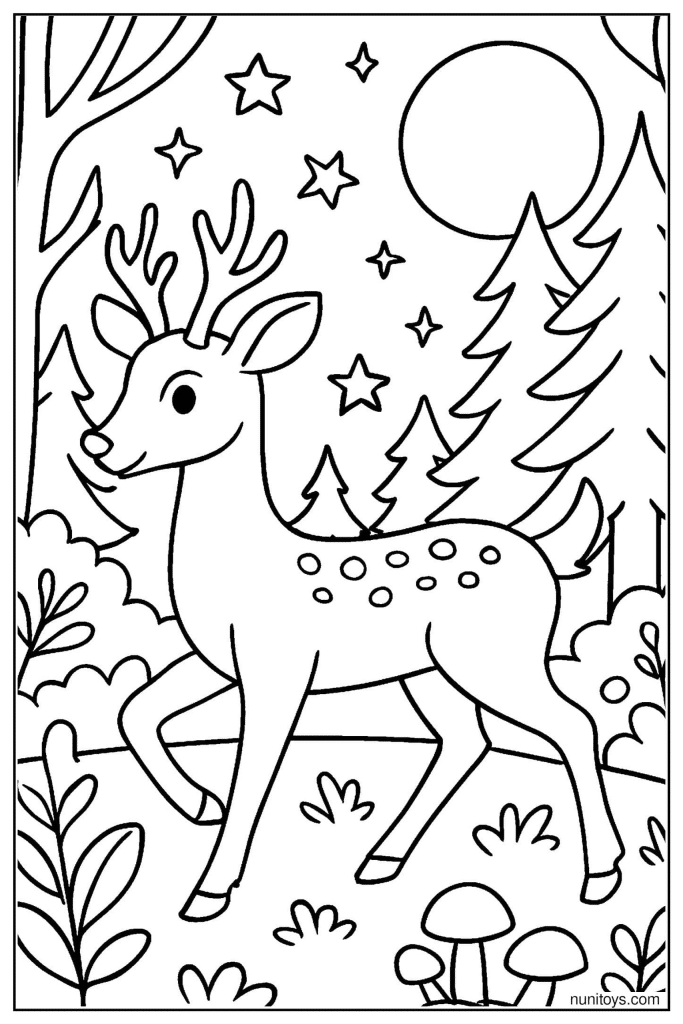 Moonlit Forest Deer with Stars Coloring Sheet