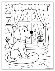 Dog Sitting by a Window Watching the Rain Coloring Page
