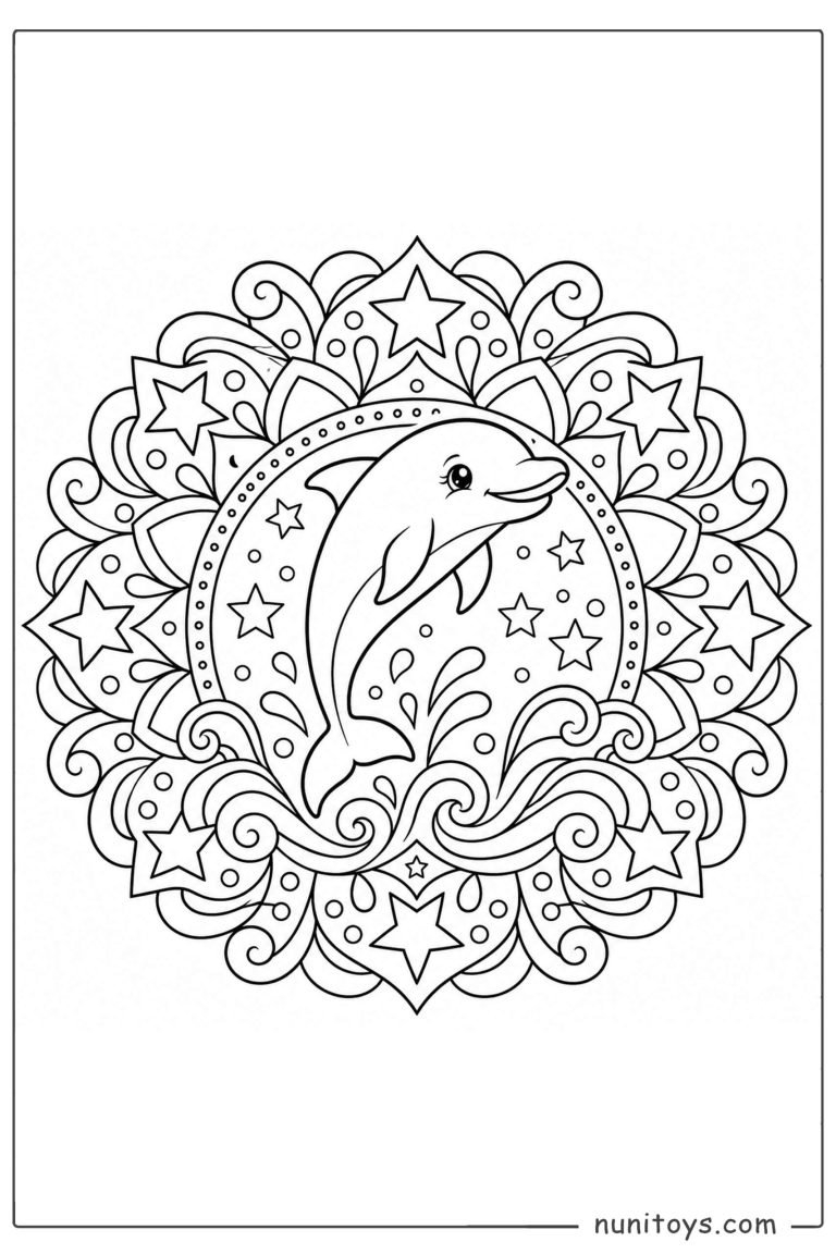 Coloriage dauphin bondissant dans un mandala d’étoiles et de vagues