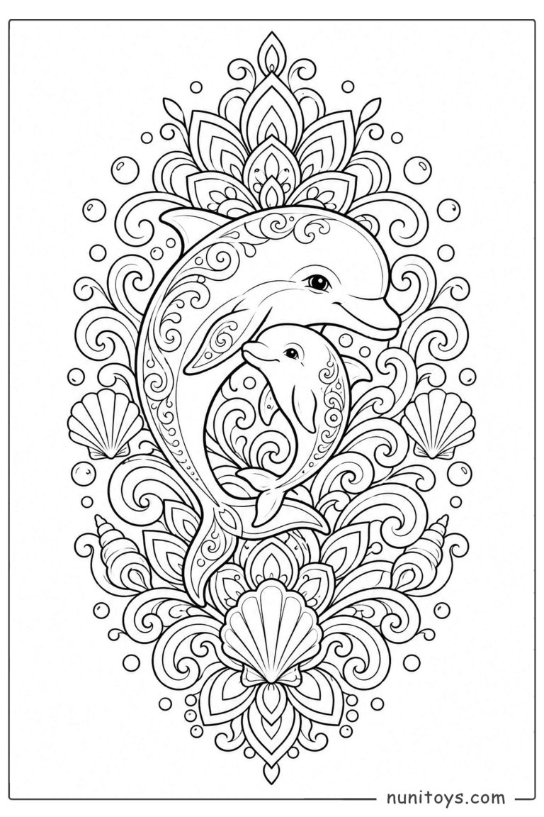Coloriage dauphin et bébé dauphin dans un mandala marin