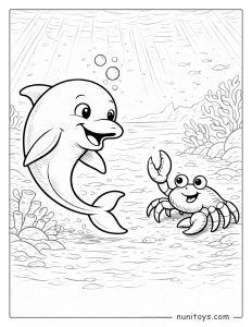 Dolphin Swimming with Crab Underwater Coloring Page