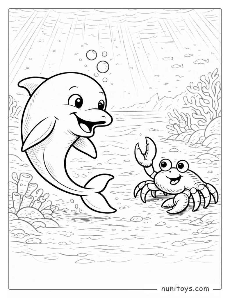 Dolphin Swimming with Crab Underwater Coloring Page
