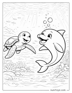 Dolphin Swimming with Sea Turtle Underwater Coloring Page