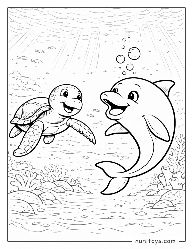Coloriage dauphin nageant avec une tortue dans un récif