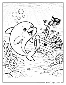 Dolphin Exploring Sunken Pirate Ship Coloring Page