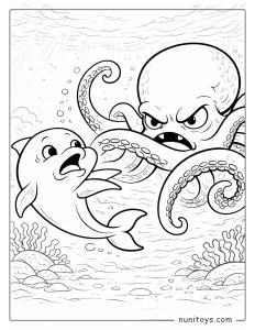 Dolphin Facing a Giant Octopus Underwater