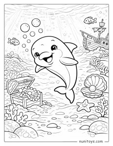 Dolphin Swimming Near Treasure Chest Underwater Coloring Page
