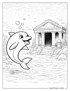 Dolphin Swimming Near Ancient Underwater Temple