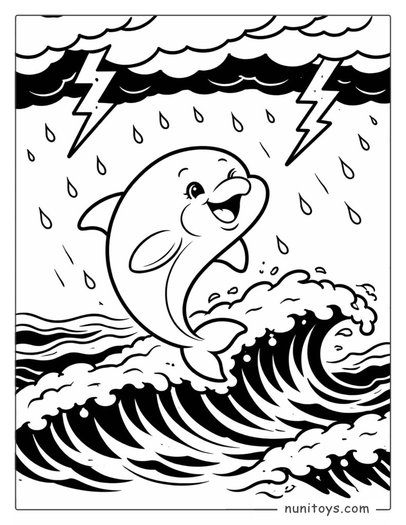 Dolphin Jumping Over Waves in a Storm Coloring Page