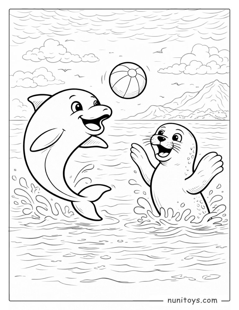 Coloriage dauphin jouant au ballon avec un phoque