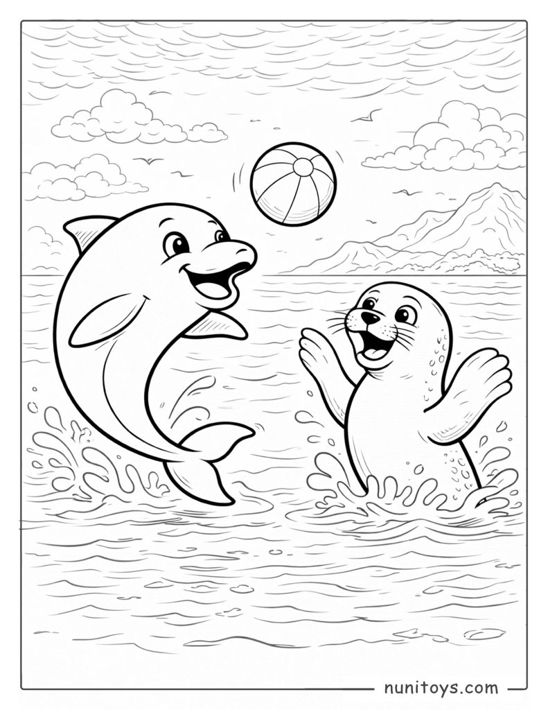 Dolphin and Seal Playing Ball in the Ocean Coloring Page