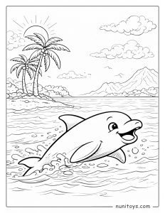 Dolphin Jumping in Ocean Near Tropical Island Coloring Page