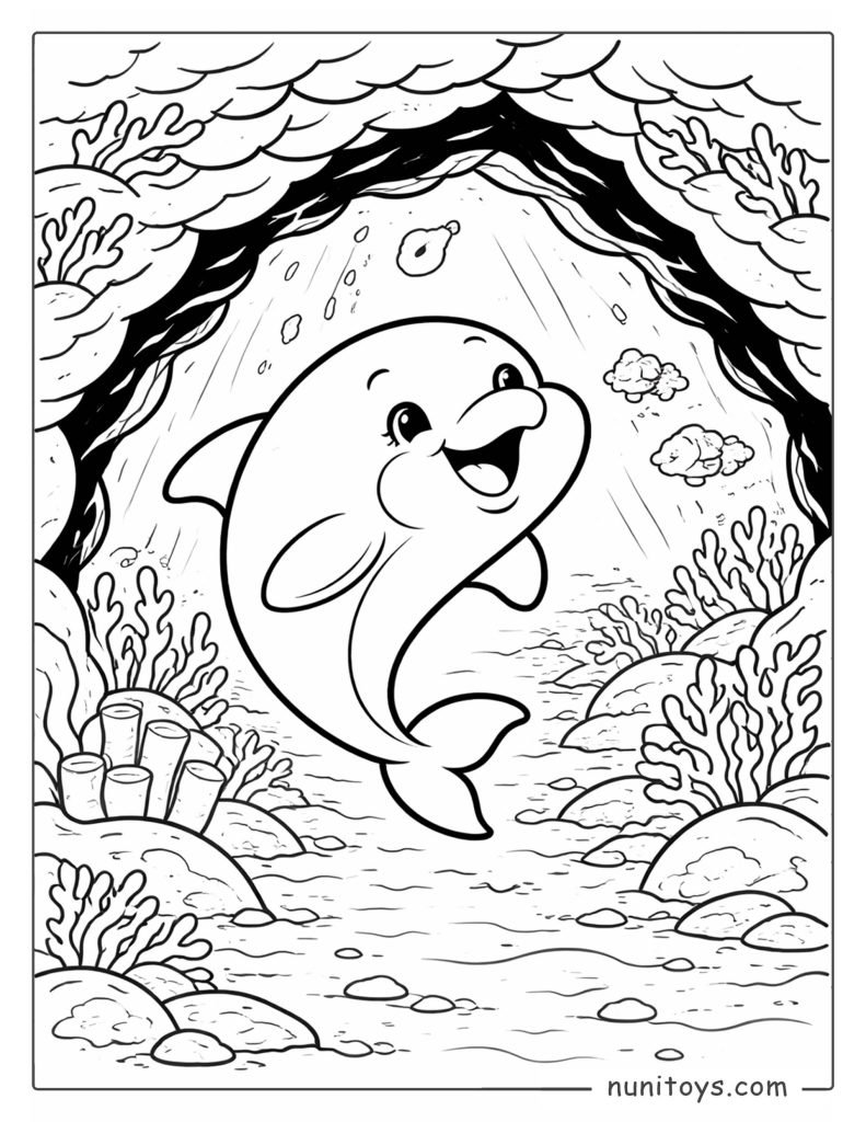 Dolphin Swimming Inside an Underwater Cave Coloring Page