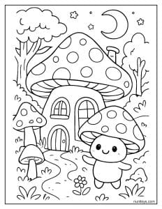 דף צביעה עולם פטריות קסום עם בית קטן