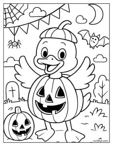 Halloween Duck in Pumpkin Costume with Spooky Night Scene