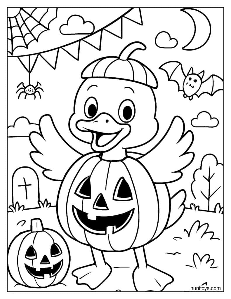 Halloween Duck in Pumpkin Costume with Spooky Night Scene