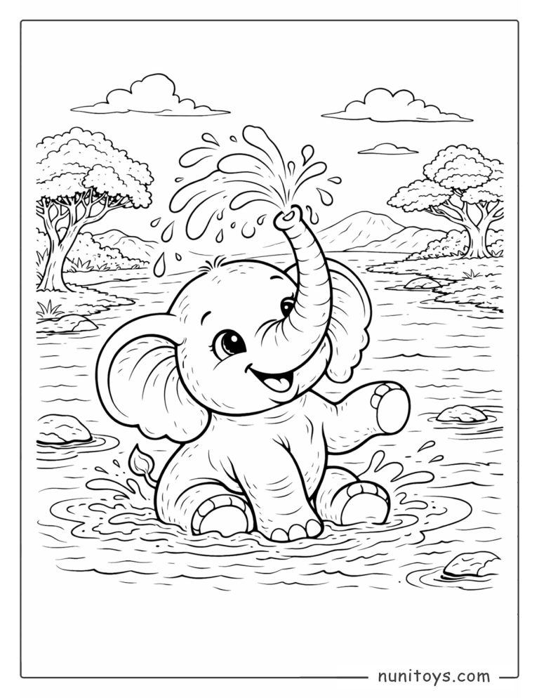 Coloriage éléphanteau jouant dans l’eau de la savane