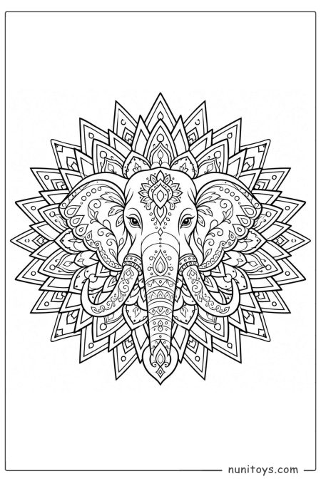 Elephant Face Geometric Mandala Coloring Page