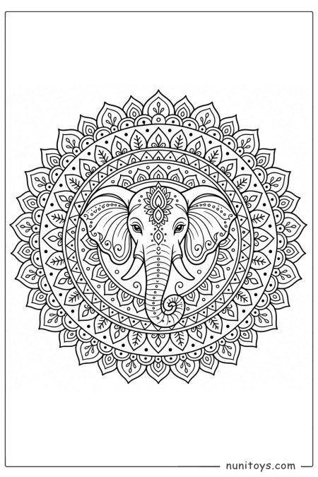 Elephant Face Multi Ring Mandala Coloring Activity
