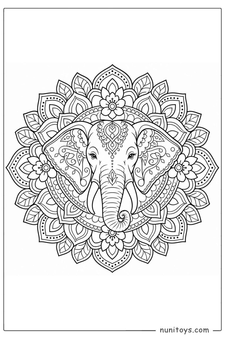 Coloriage tête d’éléphant dans un mandala floral ornemental