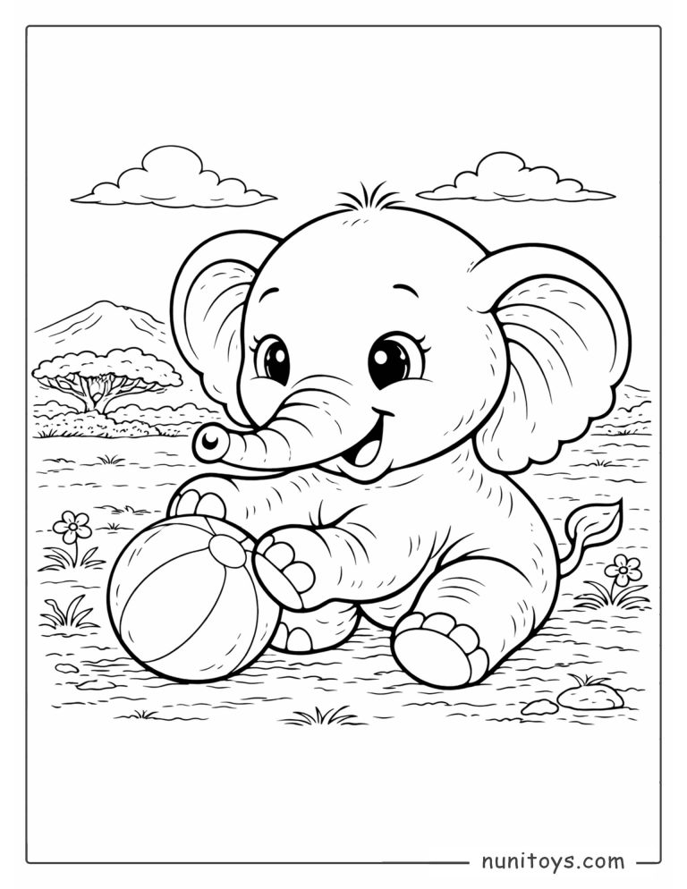 Coloriage éléphanteau jouant avec un ballon dans la savane