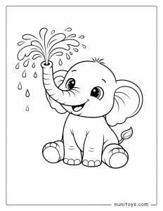 Página para colorear elefante bebé rociando agua con su trompa