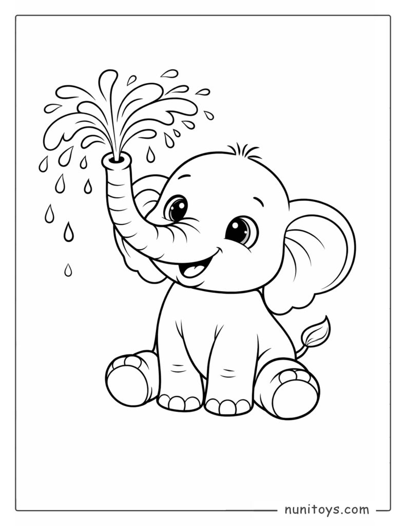 Página para colorear elefante bebé rociando agua con su trompa