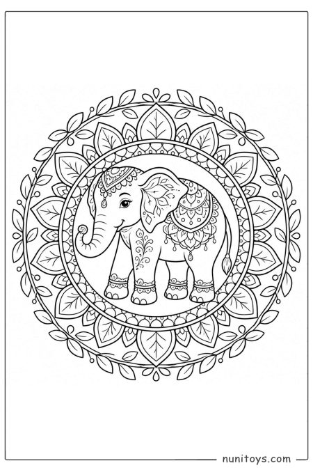 Elephant Walking Inside Leaf Mandala Coloring Sheet