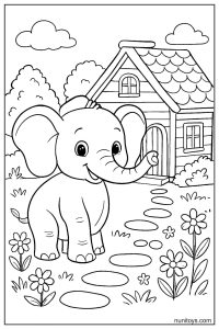 Elephant Walking on Garden Path Coloring Page