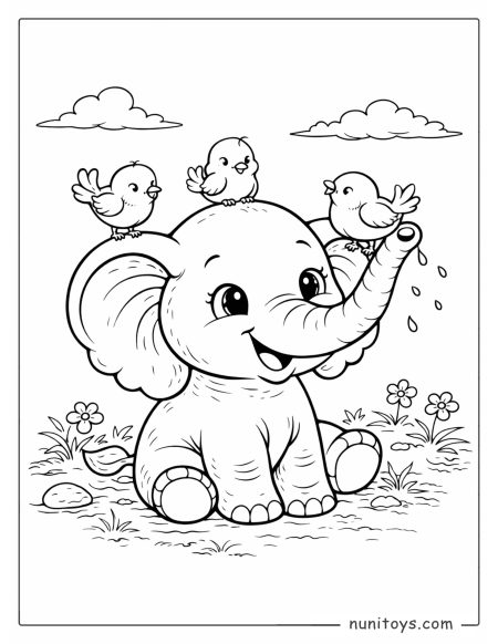 Página para colorear elefante bebé con pajaritos