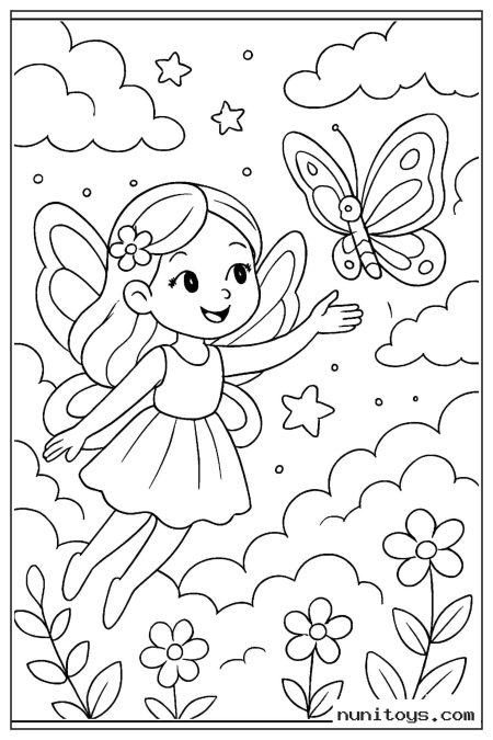 Fairy Reaching Toward a Flying Butterfly Coloring Sheet