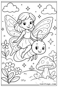 Fairy Riding a Smiling Bug with Butterfly Wings Coloring Sheet