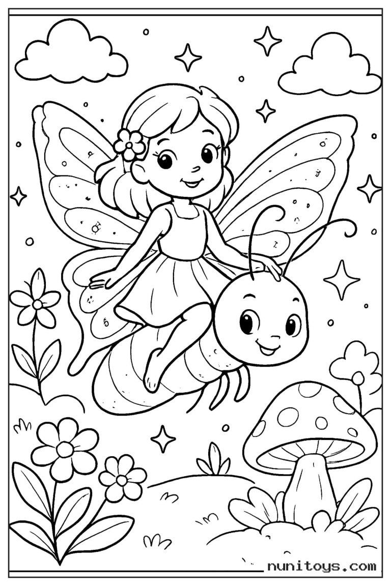Coloriage petite fée voyageant sur un papillon enchanté