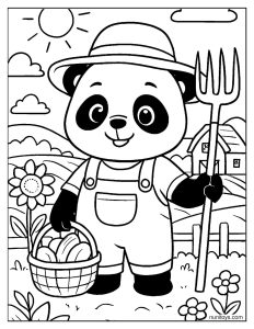 Farmer Panda Holding Pitchfork and Basket Coloring Page