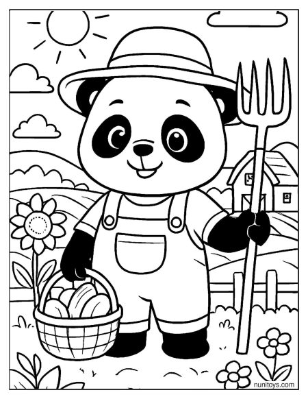 Farmer Panda Holding Pitchfork and Basket Coloring Page
