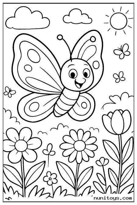 Flying Butterfly Over Blooming Flowers Coloring Page