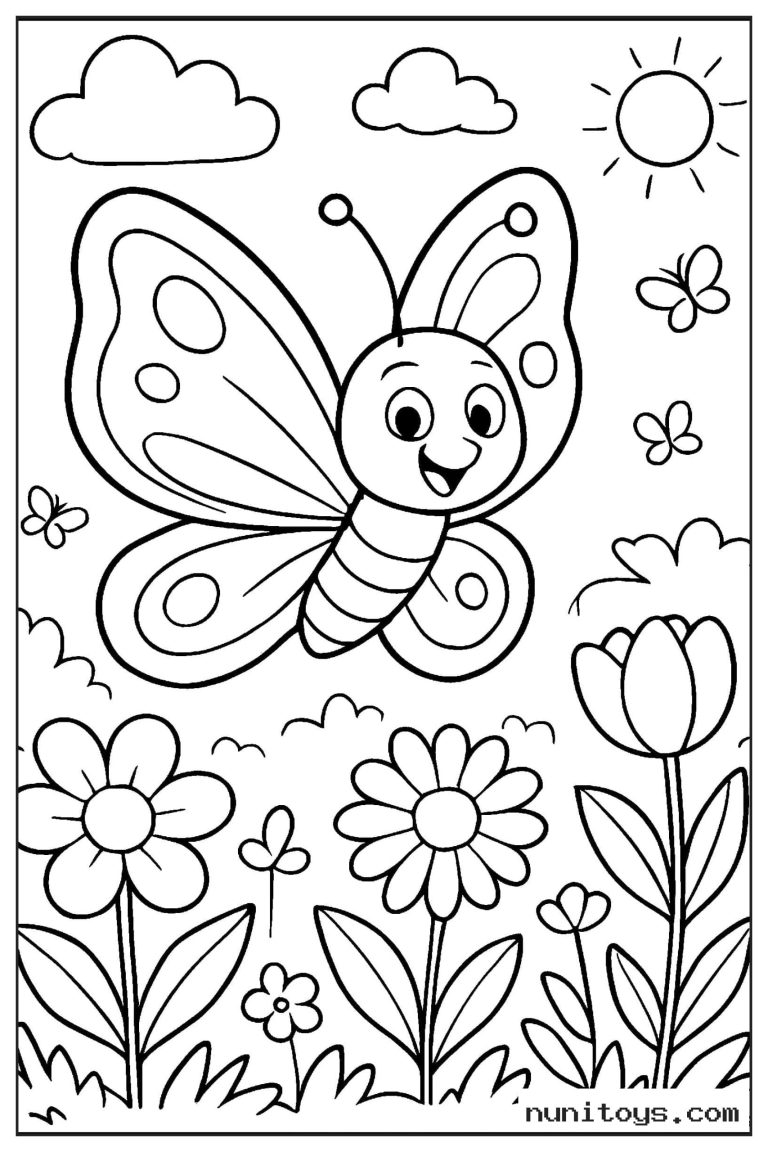 Coloriage papillon volant au-dessus d’un jardin de fleurs