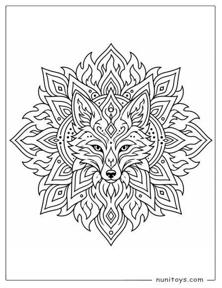 Fox Face Mandala Coloring Page with Flame Patterns