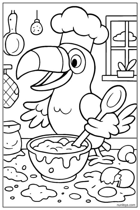 Toucan Cooking in a Kitchen with Bowl and Spoon Coloring Page