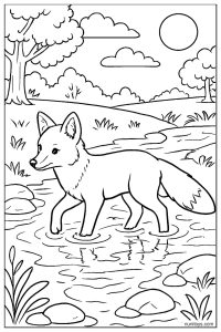 Fox Walking Through Shallow Water Under Open Sky
