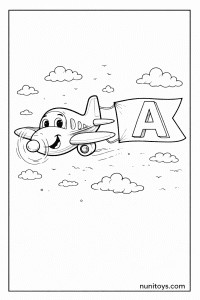 Happy Airplane with Letter A Banner Coloring Page