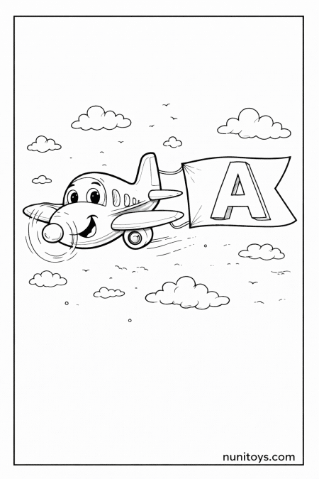 Happy Airplane with Letter A Banner Coloring Page