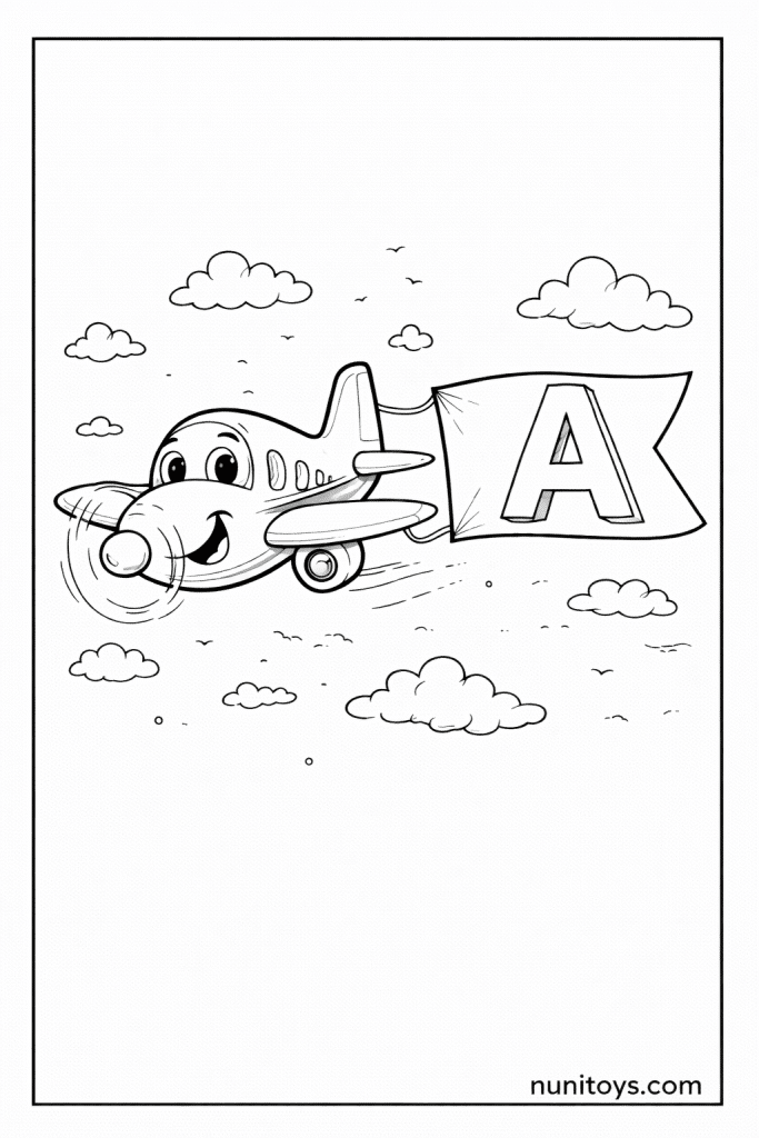 Happy Airplane with Letter A Banner Coloring Page