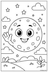 Happy Moon with Big Eyes Waving Hello Coloring Page