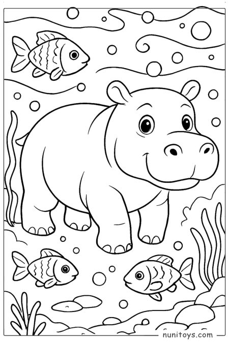 Hippo Underwater with Fish and Bubbles Coloring Page