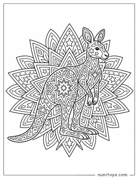 Kangaroo Geometric Mandala Coloring Page with Star Patterns