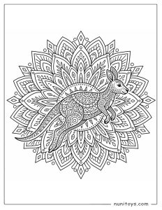 Kangaroo Mandala Coloring Page with Geometric Flower Patterns